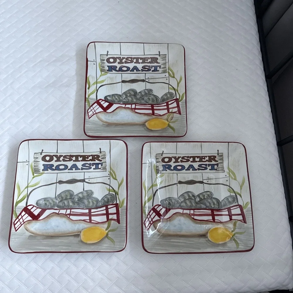 Certified International Oyster Roast Square Plates Set of 3 Multicolor Excellent
